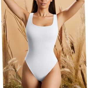 NWOT, White Ribbed Sleeveless Bodysuit, Deep Square Neckline, with Snaps